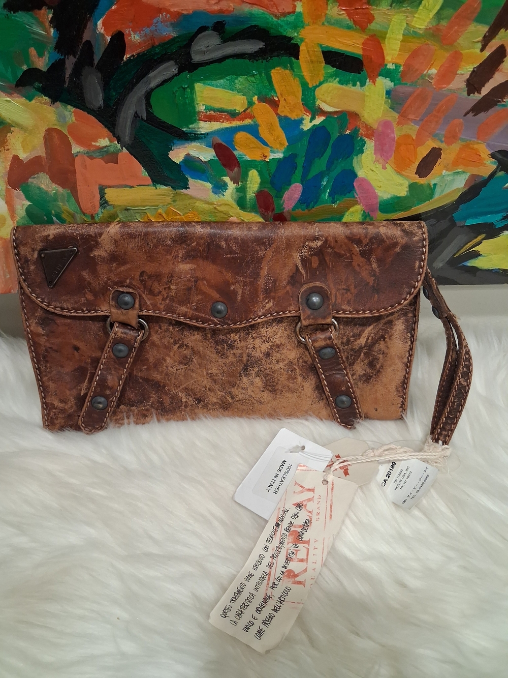 Replay Brown Distressed Leather Wristlet Clutch